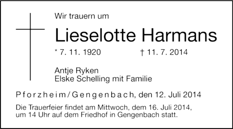 Traueranzeige Lieselotte Harmans