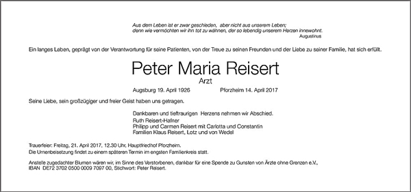 Traueranzeige Peter Maria Reisert