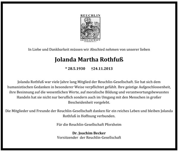 Traueranzeige Jolanda Martha Rothfuß